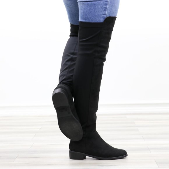 Low Heel Thigh High Boots Womens Over The Knee Suede & Stretchy Material Mix - Picture 4 of 14